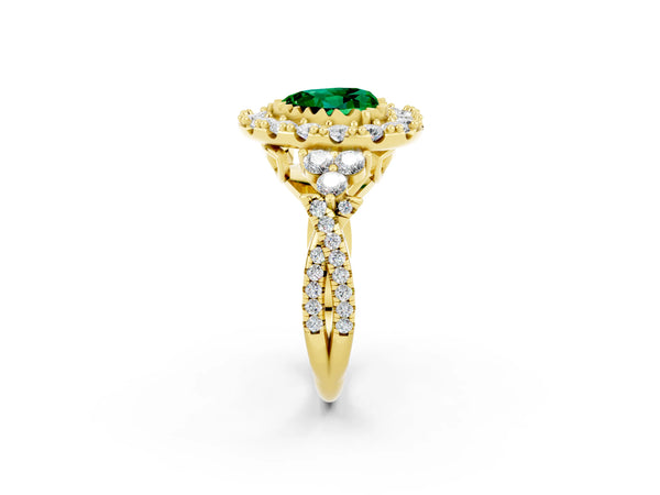 Yellow gold Heart Cut Emerald Halo Ring with Pavé Band and Four-Prong Setting