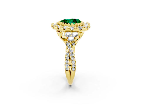 Yellow gold Heart Cut Emerald Halo Ring with Pavé Band and Four-Prong Setting_14