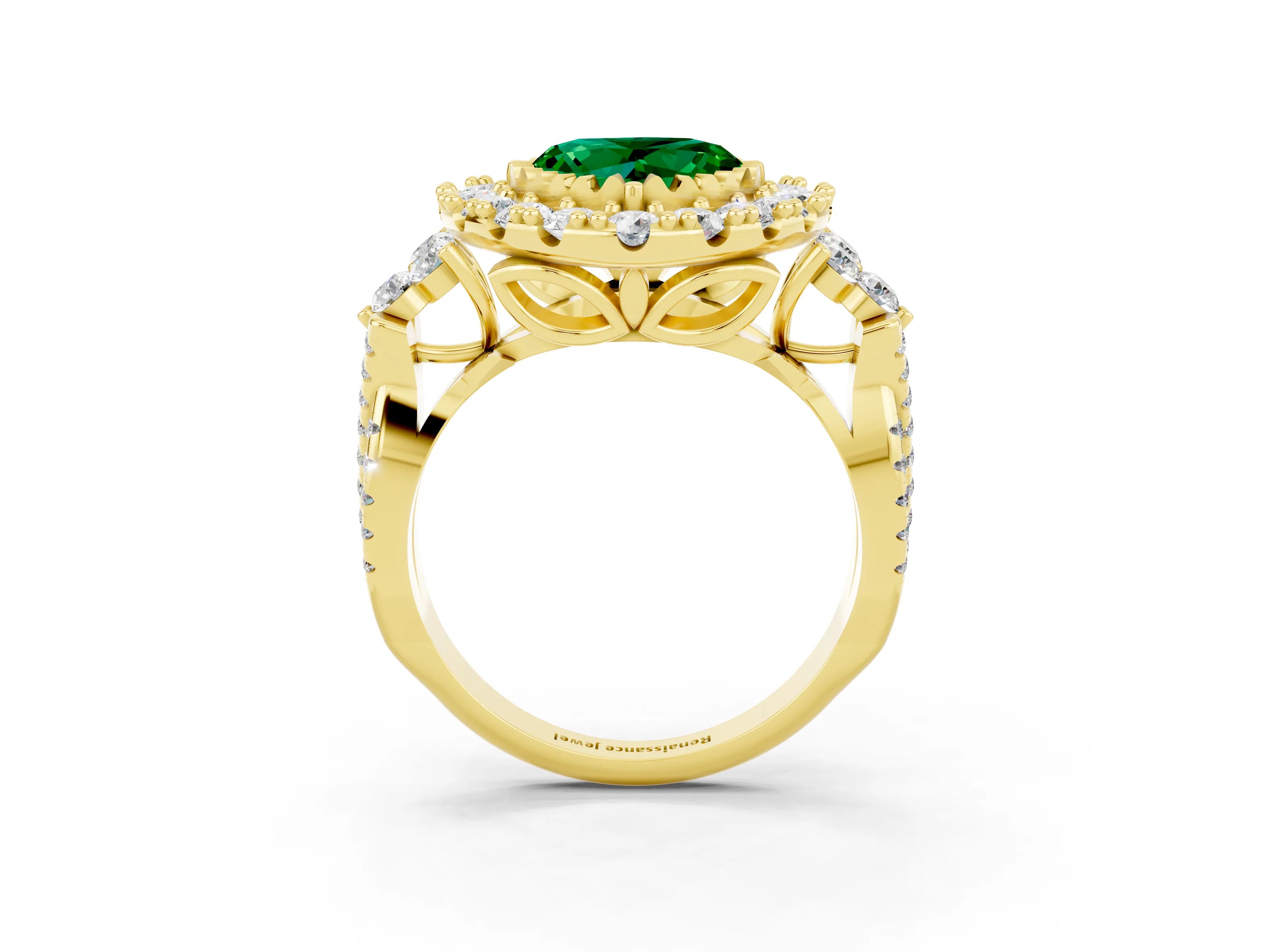 Yellow gold Heart Cut Emerald Halo Ring with Pavé Band and Four-Prong Setting_15
