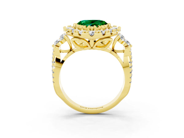 Yellow gold Heart Cut Emerald Halo Ring with Pavé Band and Four-Prong Setting