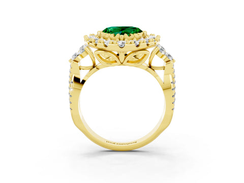 Yellow gold Heart Cut Emerald Halo Ring with Pavé Band and Four-Prong Setting_15