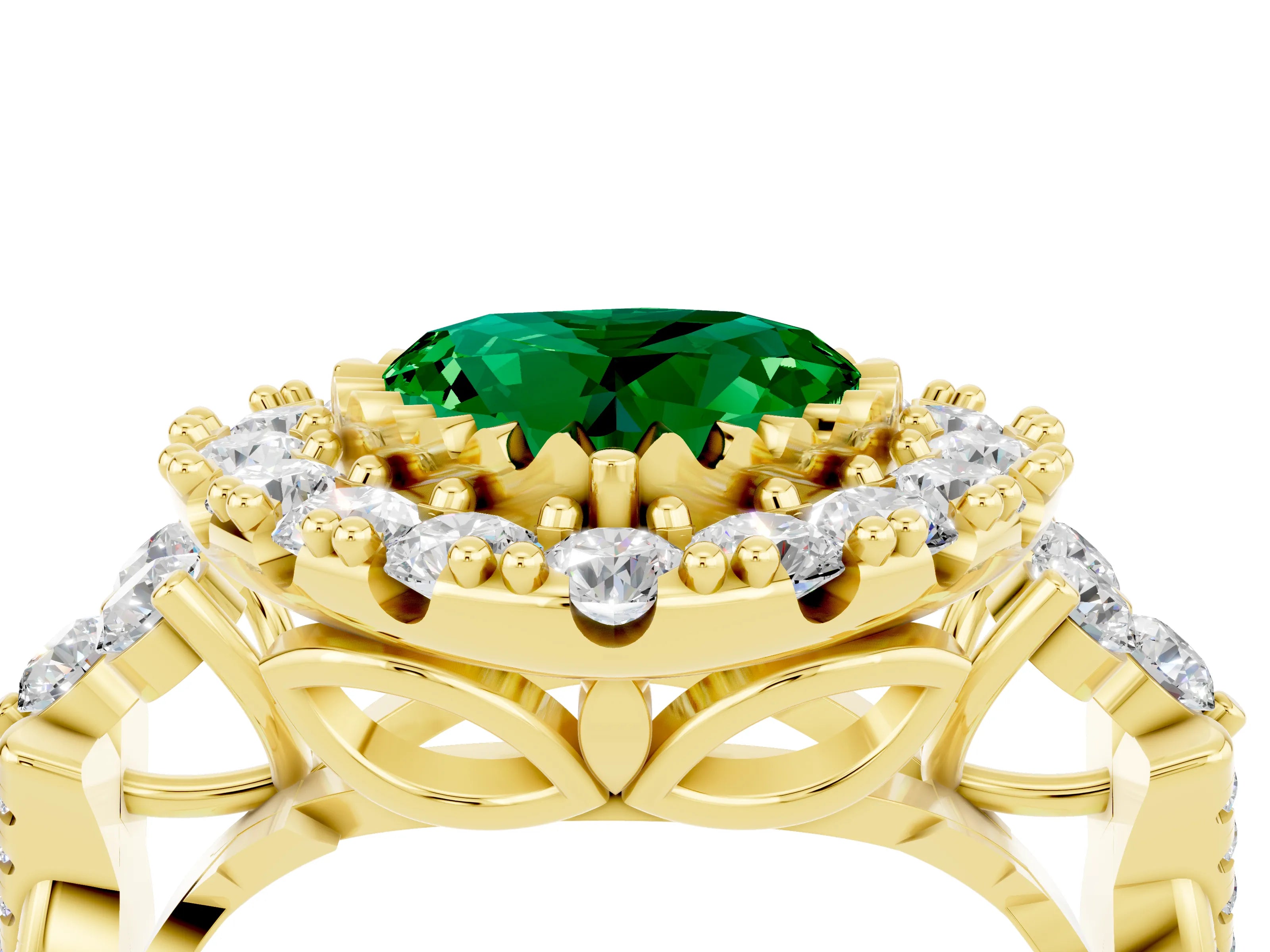Yellow gold Heart Cut Emerald Halo Ring with Pavé Band and Four-Prong Setting_16