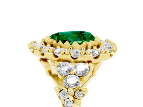 Yellow gold Heart Cut Emerald Halo Ring with Pavé Band and Four-Prong Setting_17