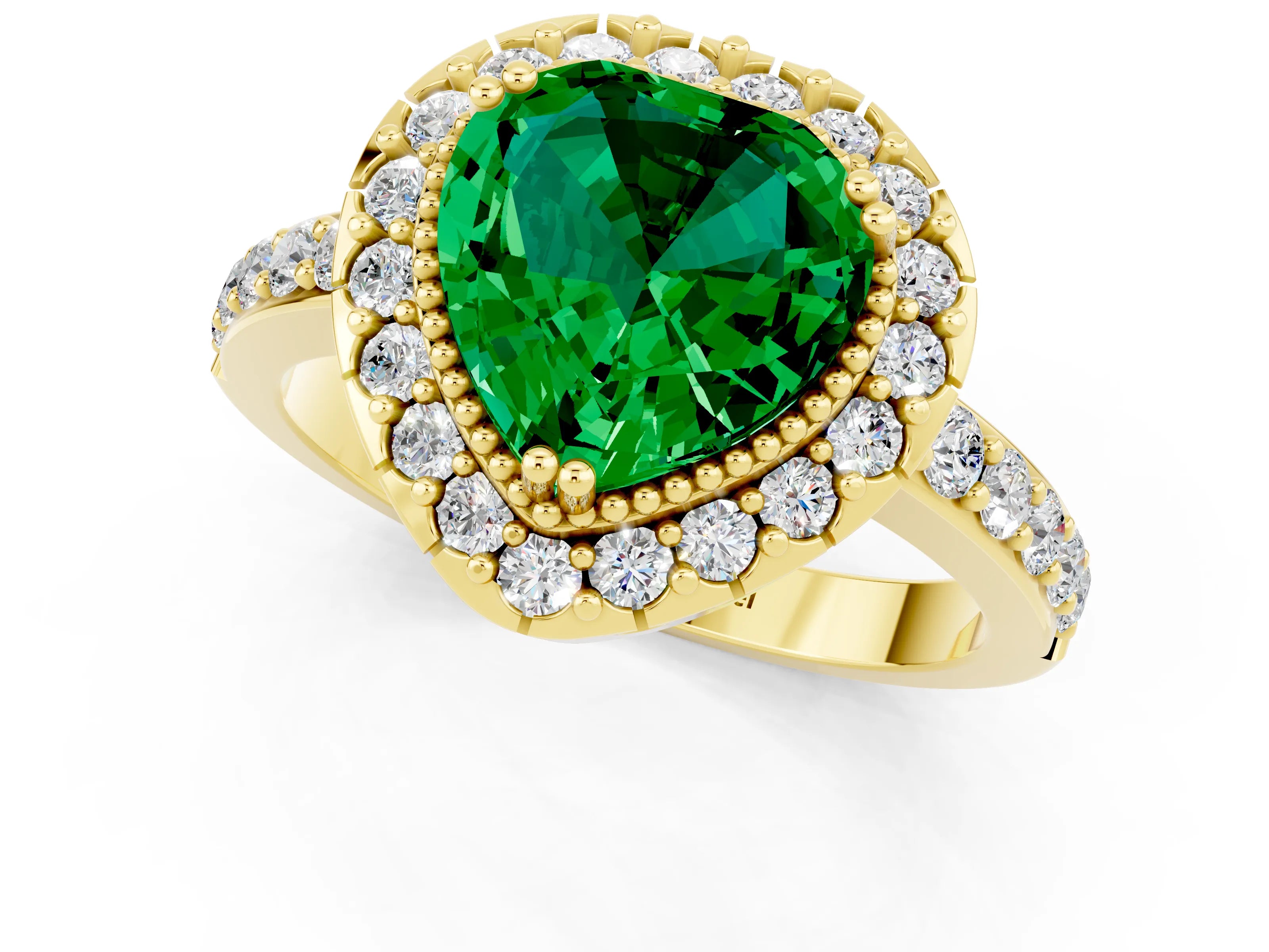 Yellow gold Heart Cut Emerald Halo Ring with Pavé Band and Prong Setting_1