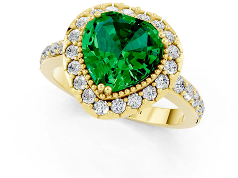 Yellow gold Heart Cut Emerald Halo Ring with Pavé Band and Prong Setting_1