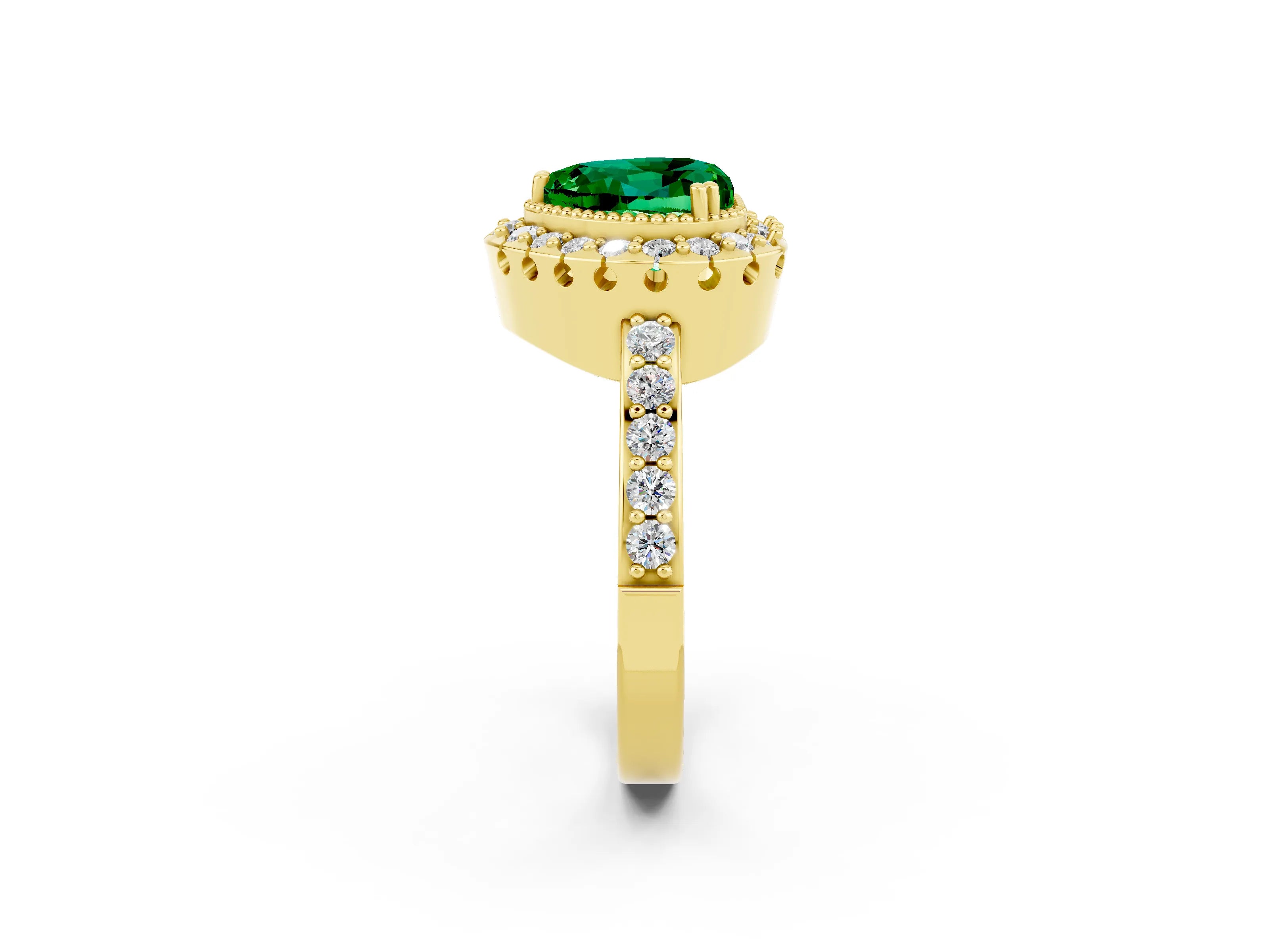 Yellow gold Heart Cut Emerald Halo Ring with Pavé Band and Prong Setting_2