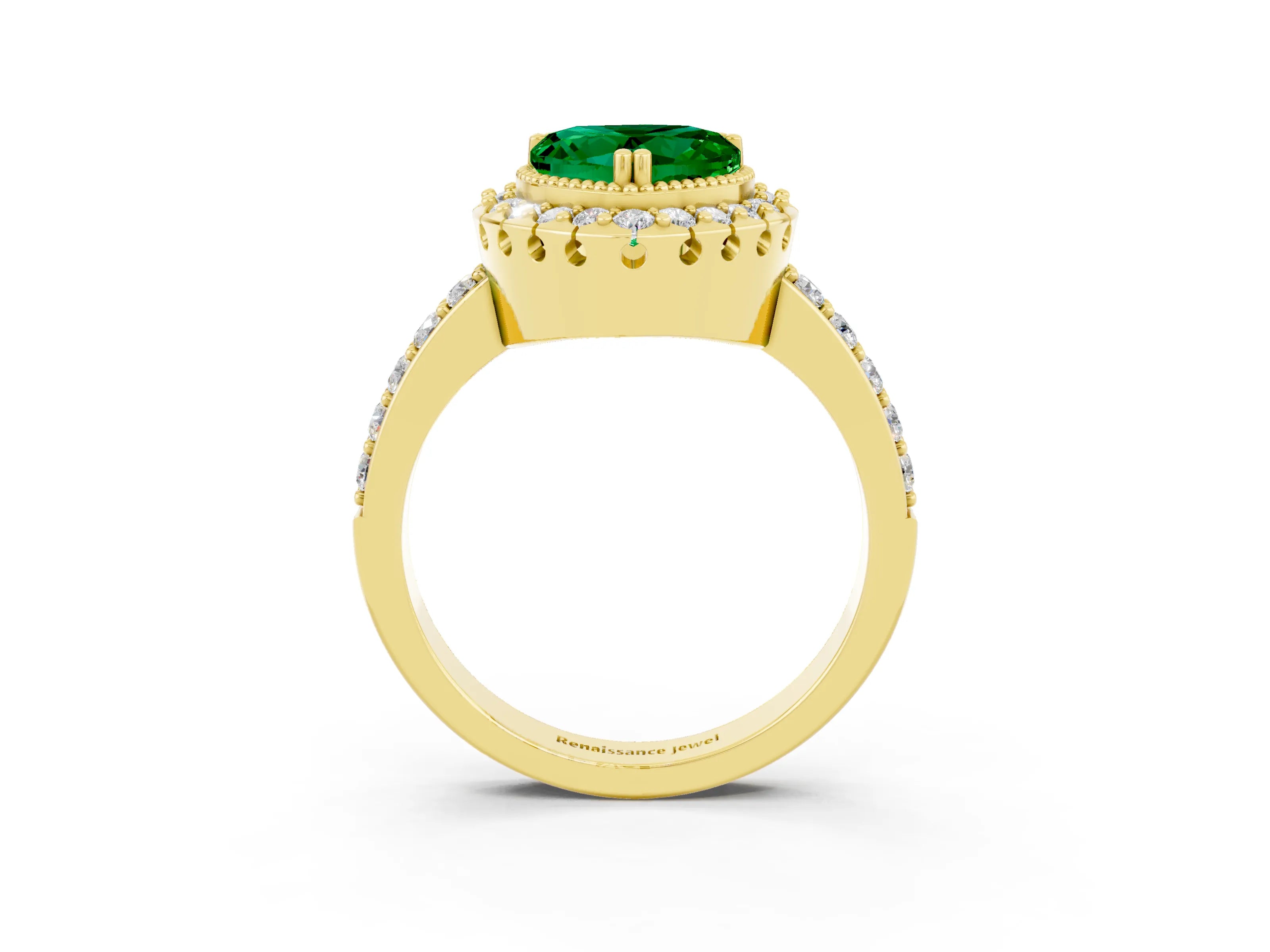 Yellow gold Heart Cut Emerald Halo Ring with Pavé Band and Prong Setting_3