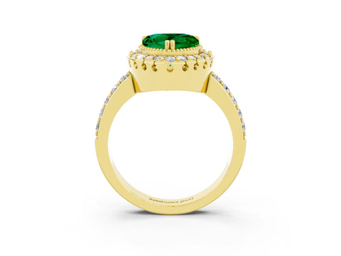 Yellow gold Heart Cut Emerald Halo Ring with Pavé Band and Prong Setting_3