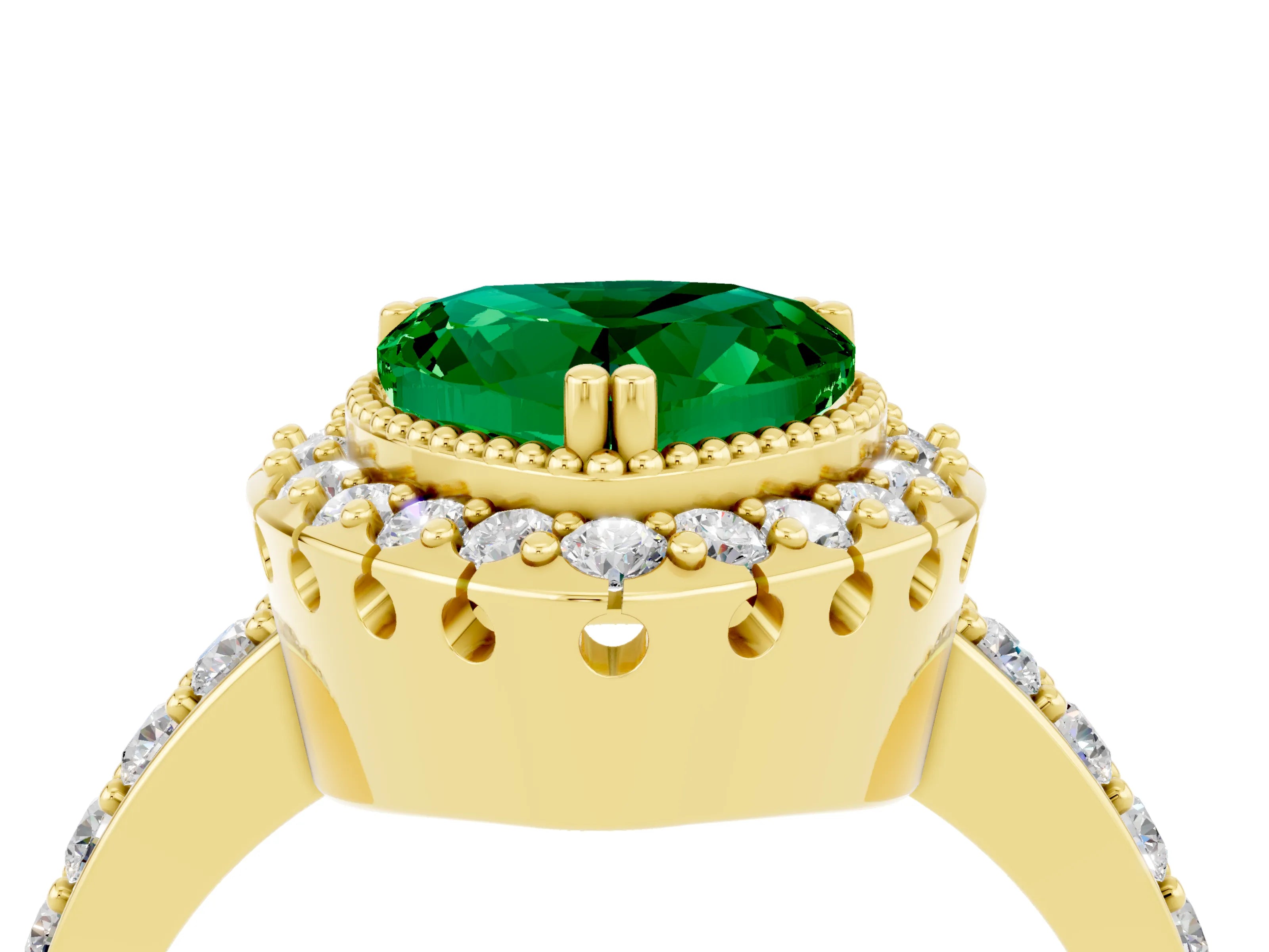 Yellow gold Heart Cut Emerald Halo Ring with Pavé Band and Prong Setting_4
