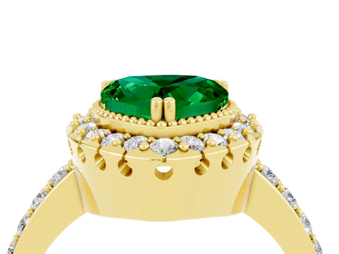 Yellow gold Heart Cut Emerald Halo Ring with Pavé Band and Prong Setting_4