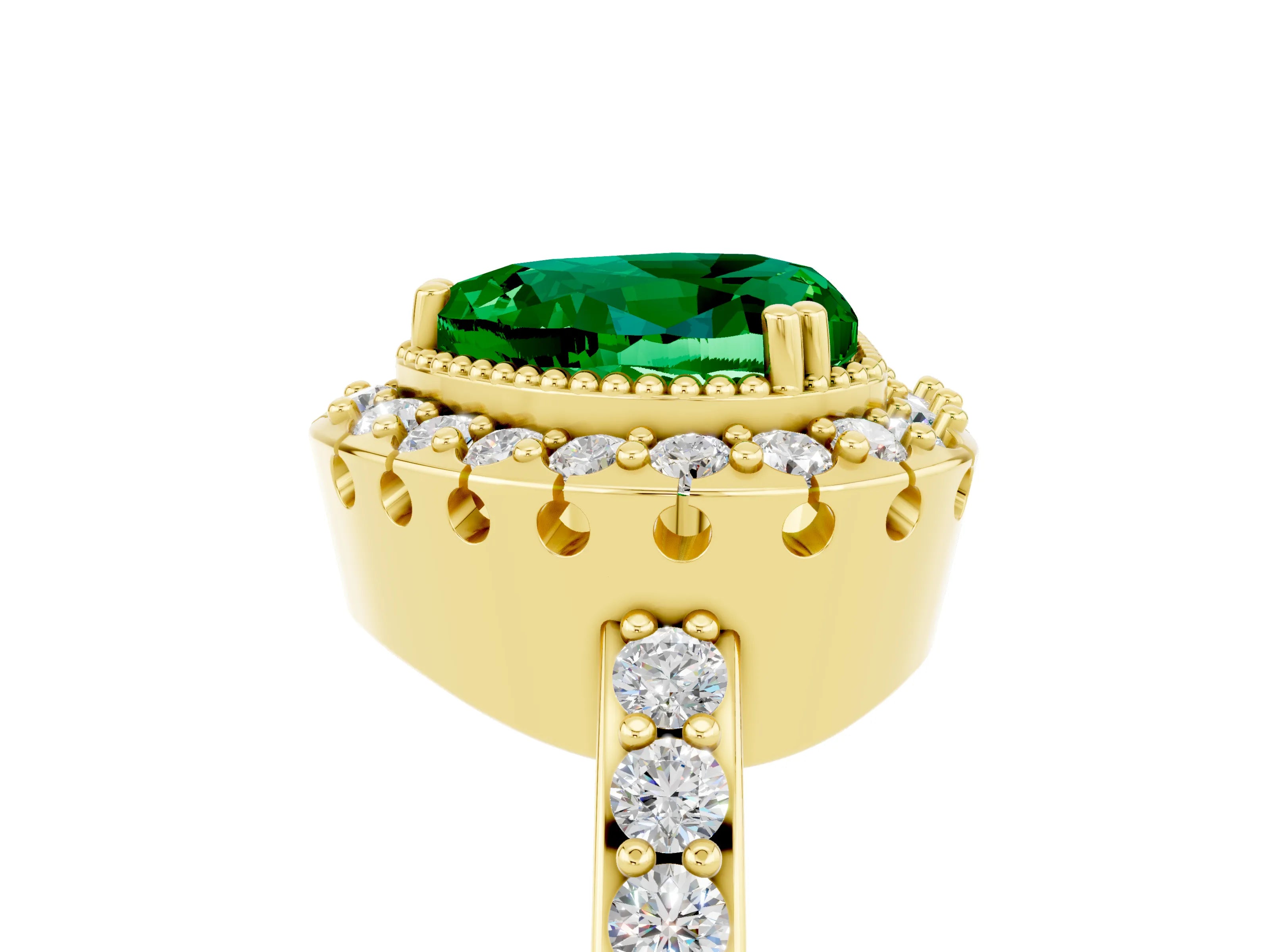 Yellow gold Heart Cut Emerald Halo Ring with Pavé Band and Prong Setting_5