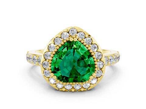 Yellow gold Heart Cut Emerald Halo Ring with Pavé Band and Prong Setting