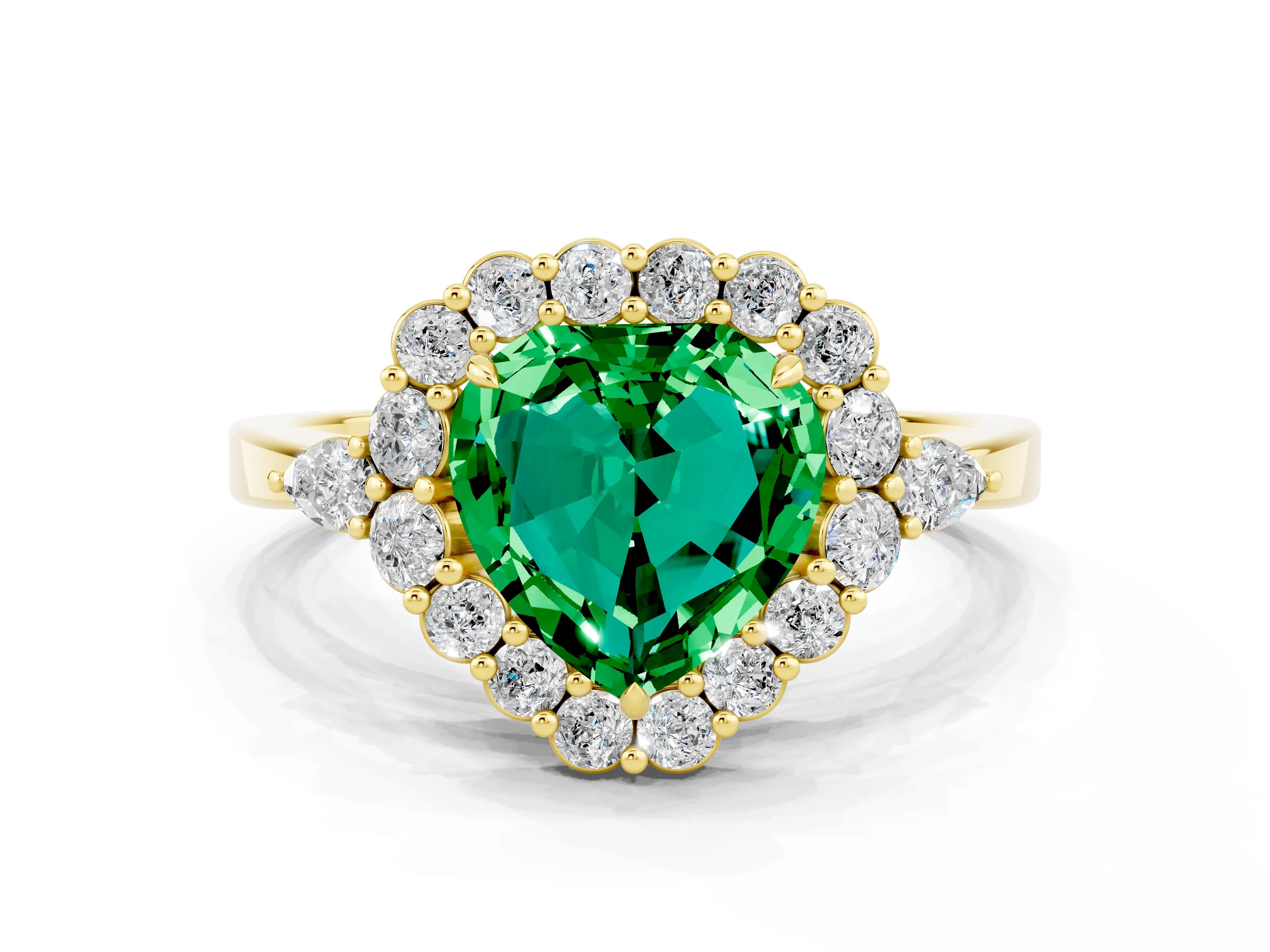 Yellow gold Heart Cut Emerald Halo Ring with Pear Side Stones and Prong Setting_12