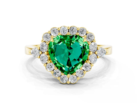 Yellow gold Heart Cut Emerald Halo Ring with Pear Side Stones and Prong Setting_12