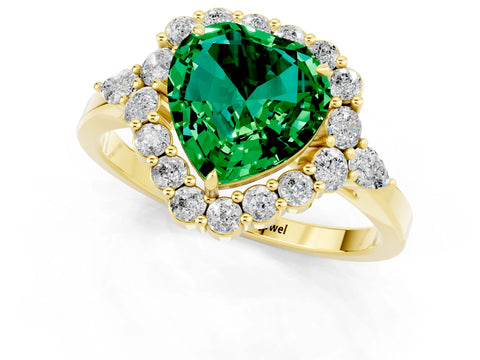 Yellow gold Heart Cut Emerald Halo Ring with Pear Side Stones and Prong Setting_13