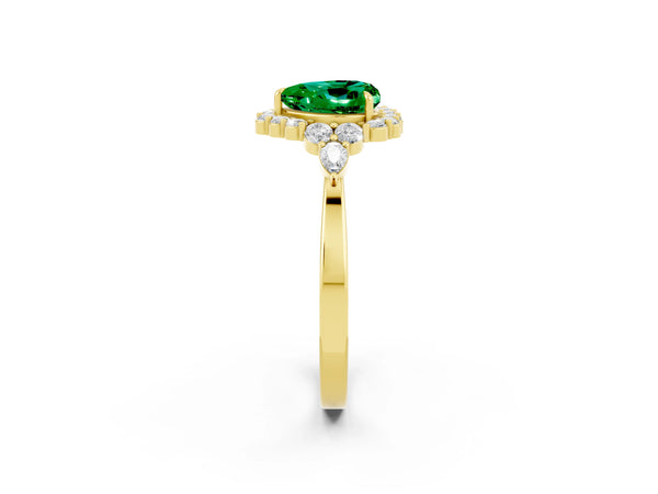 Yellow gold Heart Cut Emerald Halo Ring with Pear Side Stones and Prong Setting