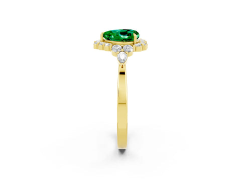 Yellow gold Heart Cut Emerald Halo Ring with Pear Side Stones and Prong Setting_14