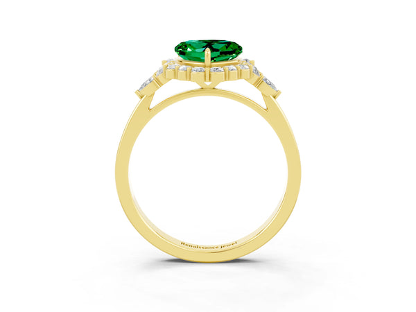 Yellow gold Heart Cut Emerald Halo Ring with Pear Side Stones and Prong Setting