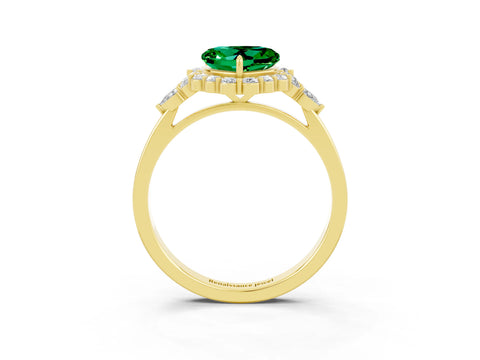 Yellow gold Heart Cut Emerald Halo Ring with Pear Side Stones and Prong Setting_15