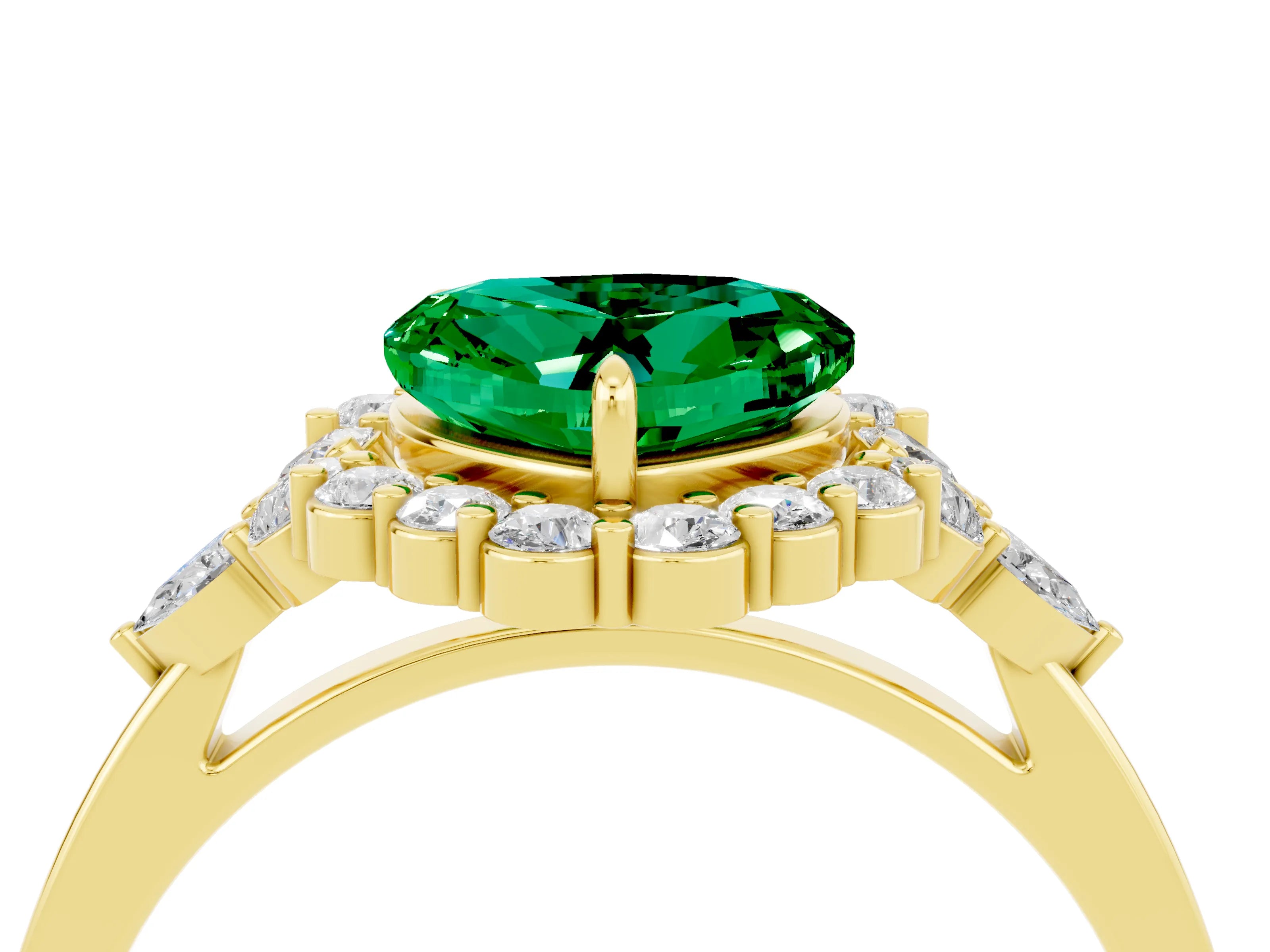 Yellow gold Heart Cut Emerald Halo Ring with Pear Side Stones and Prong Setting_16