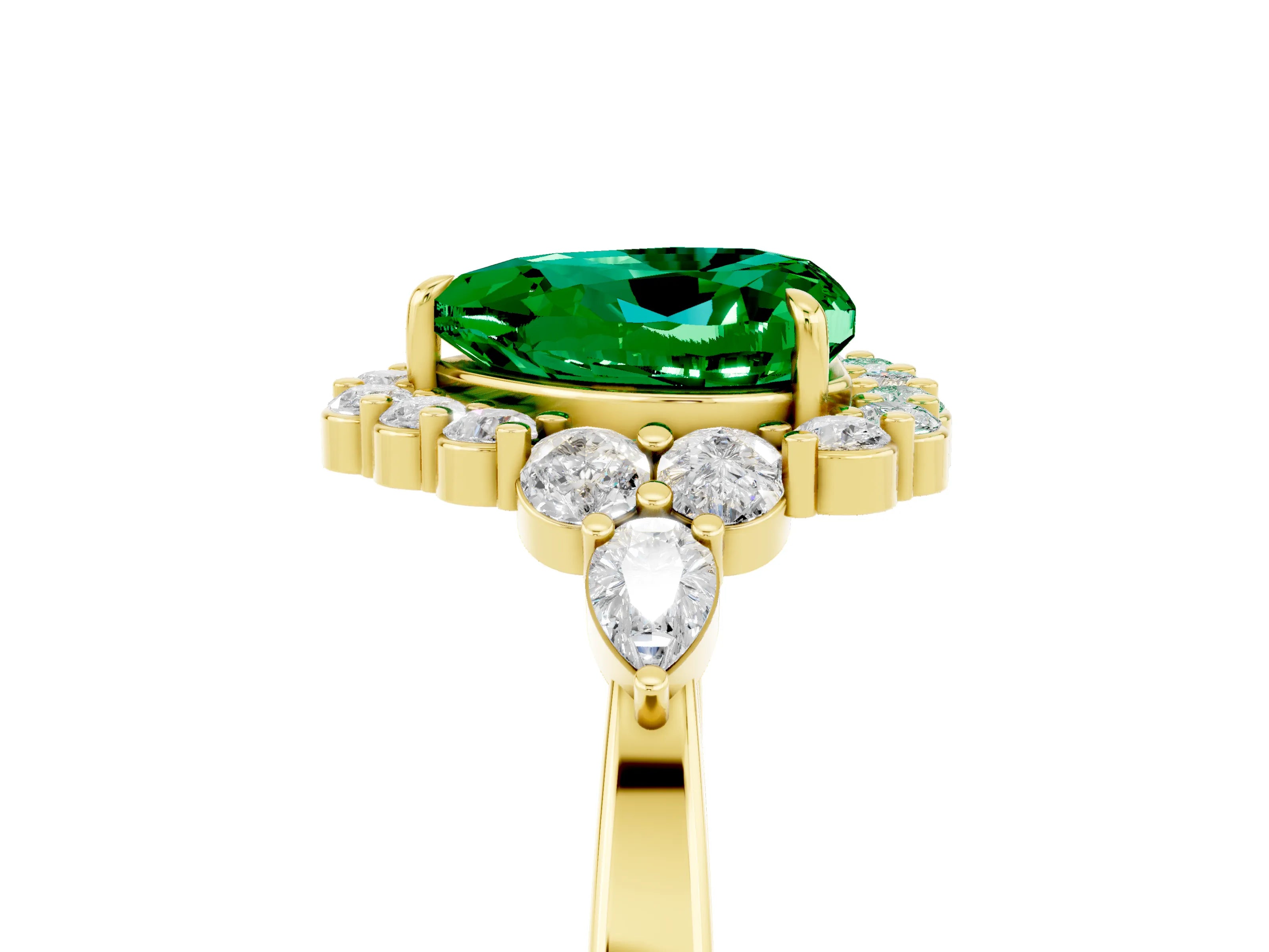 Yellow gold Heart Cut Emerald Halo Ring with Pear Side Stones and Prong Setting_17