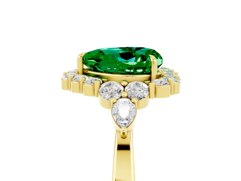 Yellow gold Heart Cut Emerald Halo Ring with Pear Side Stones and Prong Setting_17