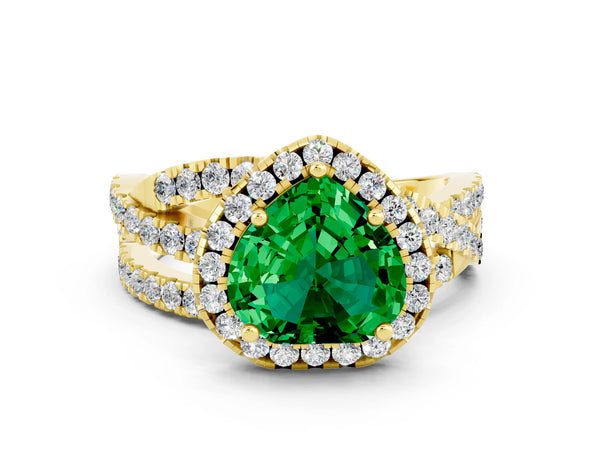 Yellow gold Heart Cut Emerald Halo Ring with Round Split Shank and Prong Setting