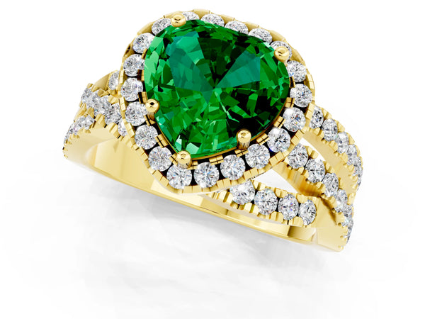 Yellow gold Heart Cut Emerald Halo Ring with Round Split Shank and Prong Setting