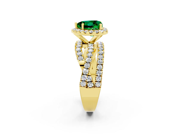 Yellow gold Heart Cut Emerald Halo Ring with Round Split Shank and Prong Setting
