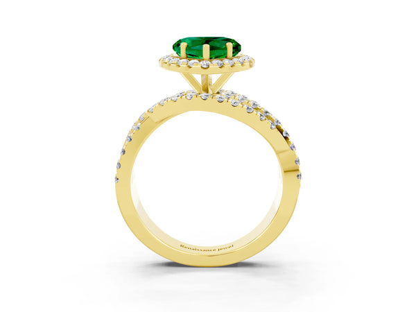 Yellow gold Heart Cut Emerald Halo Ring with Round Split Shank and Prong Setting