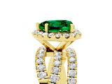 Yellow gold Heart Cut Emerald Halo Ring with Round Split Shank and Prong Setting_53
