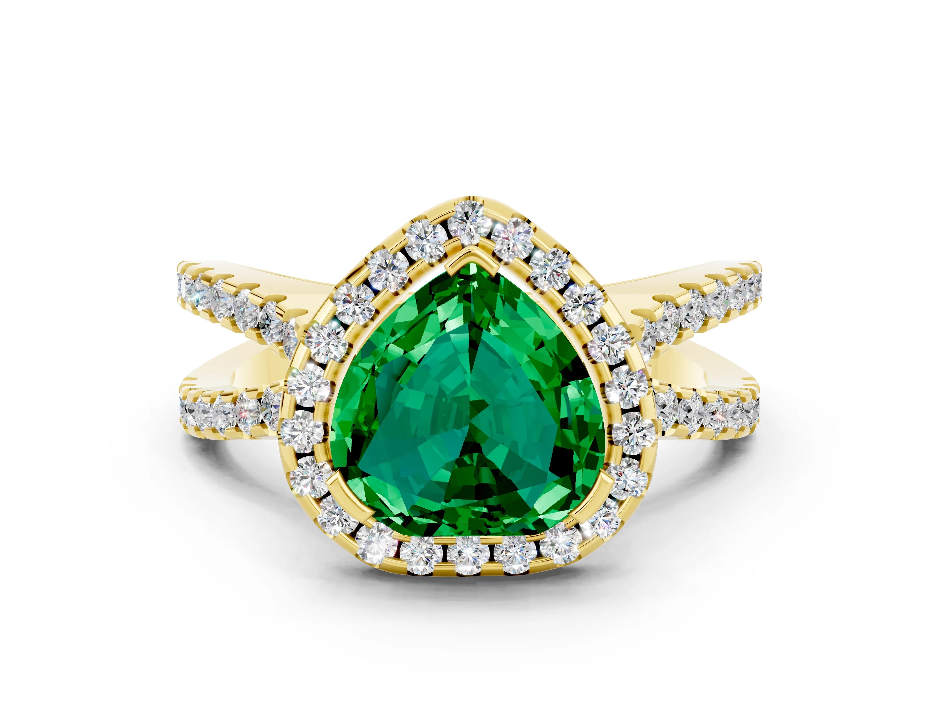 Yellow gold Heart Cut Emerald Halo Ring with Split Shank Pavé Band and Prong Setting