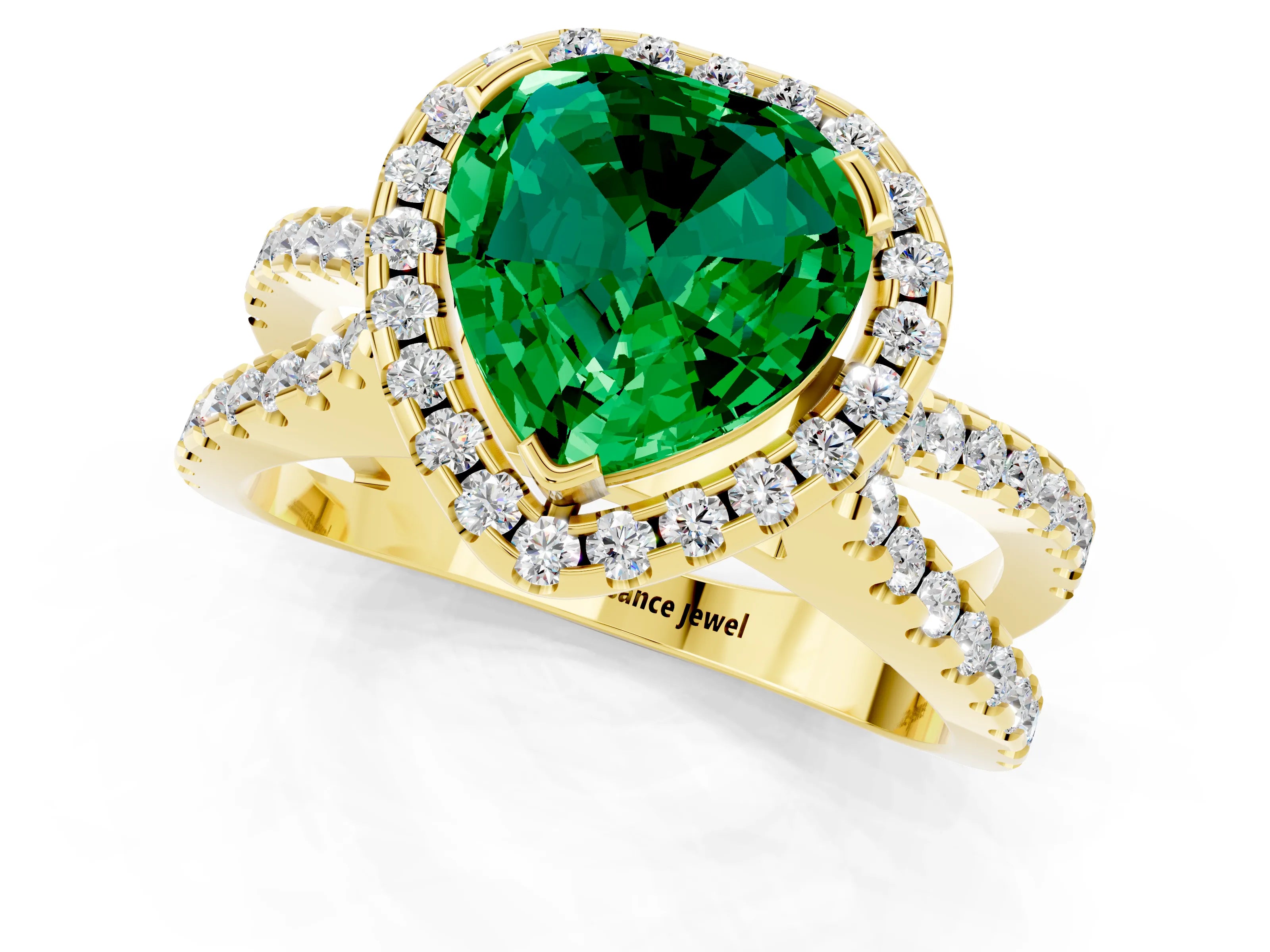Yellow gold Heart Cut Emerald Halo Ring with Split Shank Pavé Band and Prong Setting_1