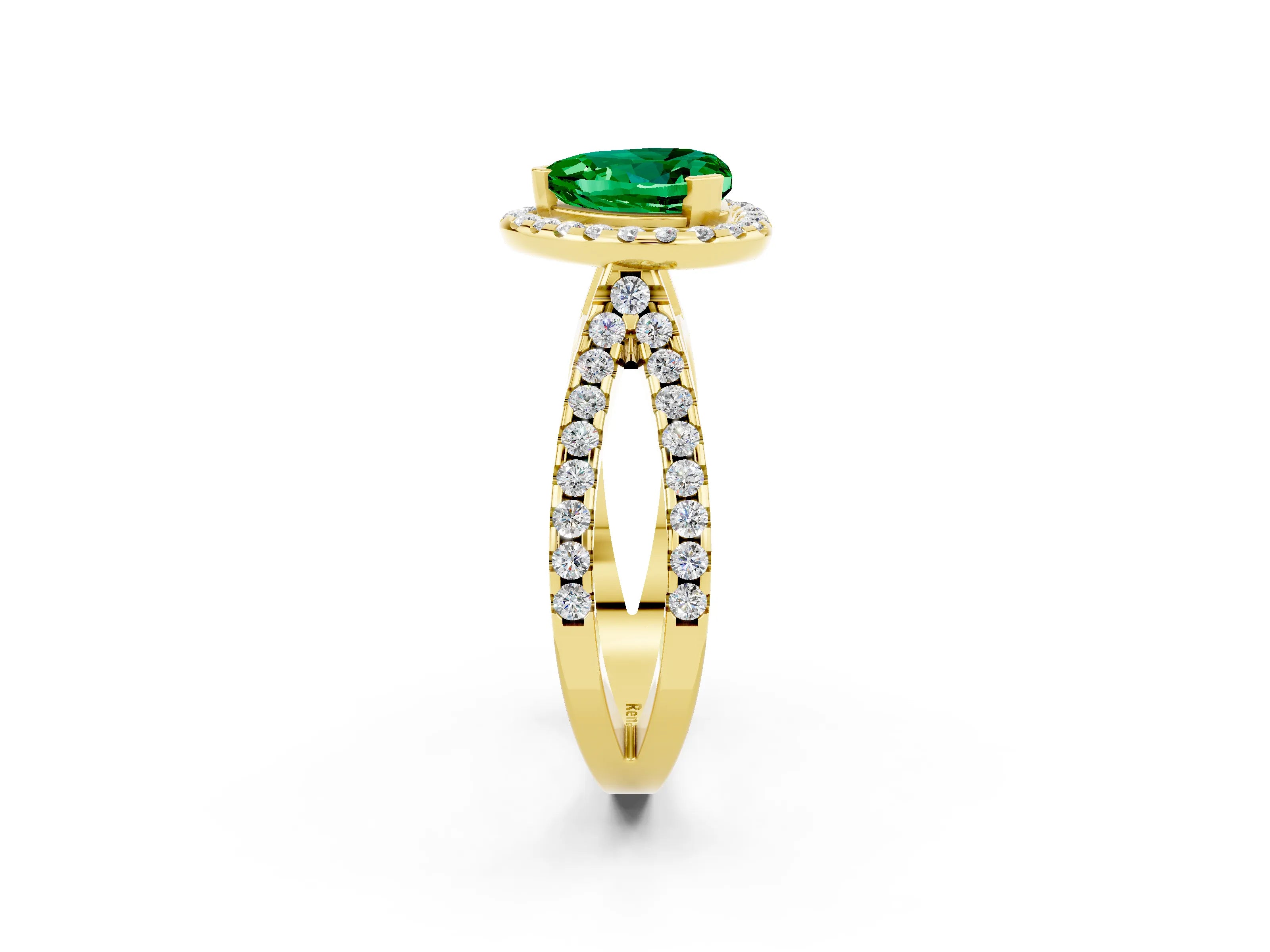 Yellow gold Heart Cut Emerald Halo Ring with Split Shank Pavé Band and Prong Setting_2
