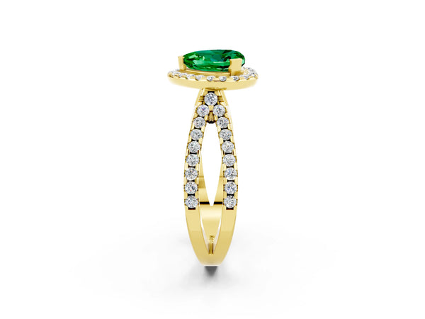 Yellow gold Heart Cut Emerald Halo Ring with Split Shank Pavé Band and Prong Setting