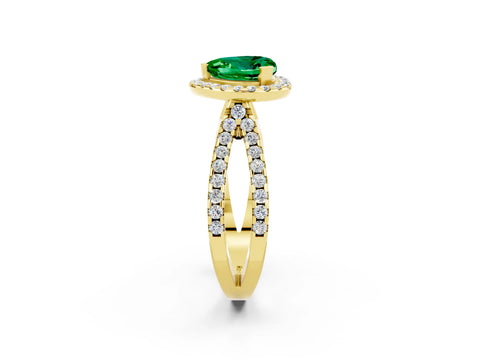 Yellow gold Heart Cut Emerald Halo Ring with Split Shank Pavé Band and Prong Setting_2