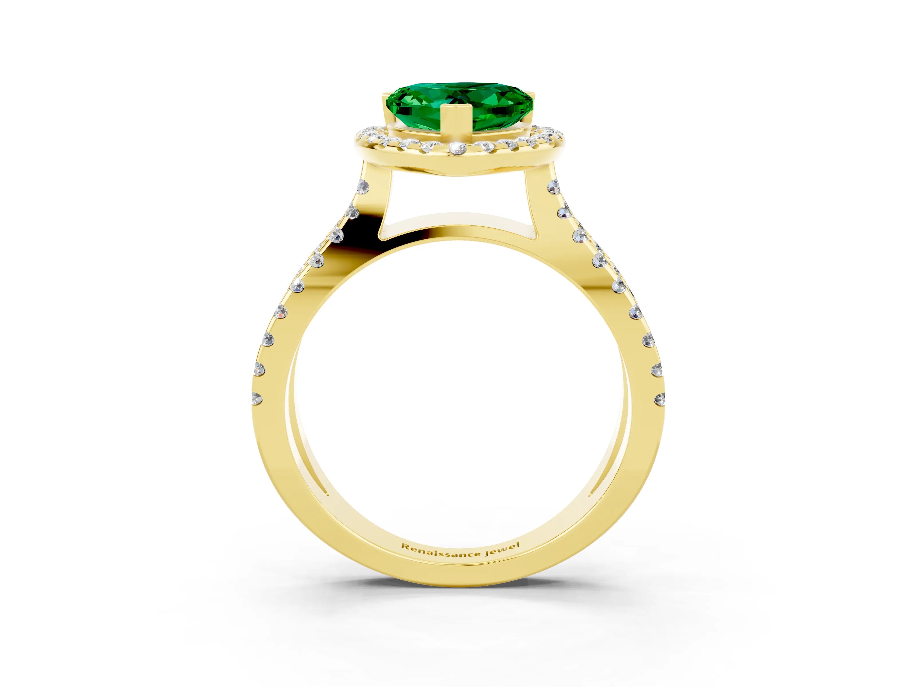 Yellow gold Heart Cut Emerald Halo Ring with Split Shank Pavé Band and Prong Setting_3
