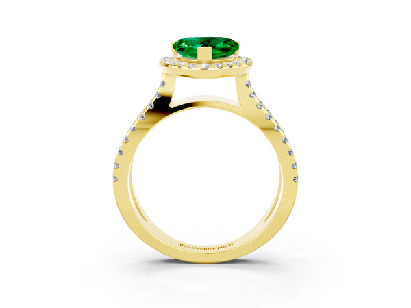 Yellow gold Heart Cut Emerald Halo Ring with Split Shank Pavé Band and Prong Setting