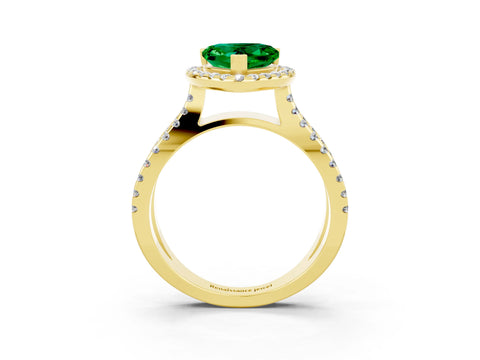 Yellow gold Heart Cut Emerald Halo Ring with Split Shank Pavé Band and Prong Setting_3