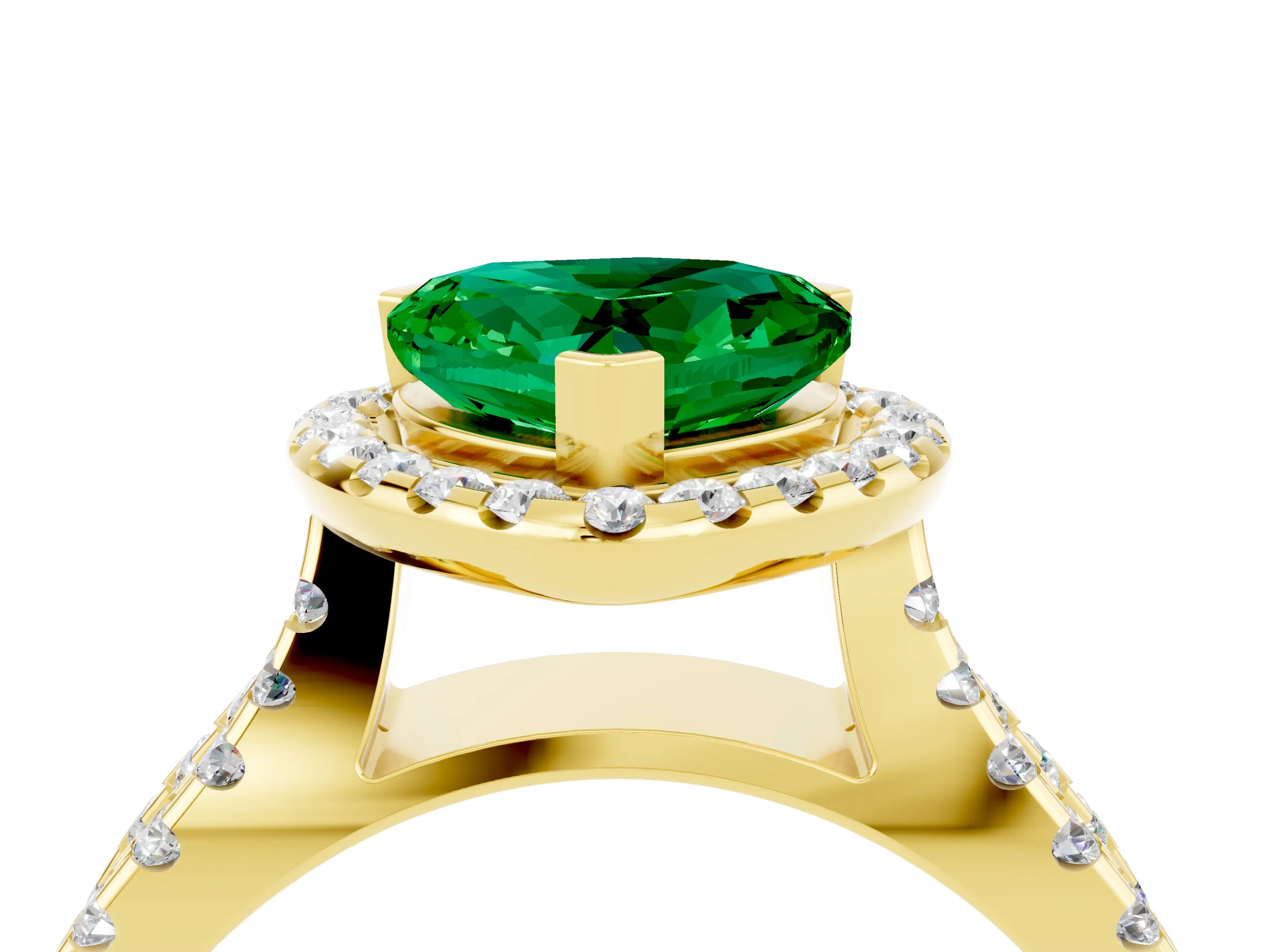 Yellow gold Heart Cut Emerald Halo Ring with Split Shank Pavé Band and Prong Setting_4
