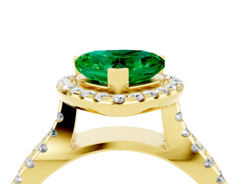 Yellow gold Heart Cut Emerald Halo Ring with Split Shank Pavé Band and Prong Setting_4