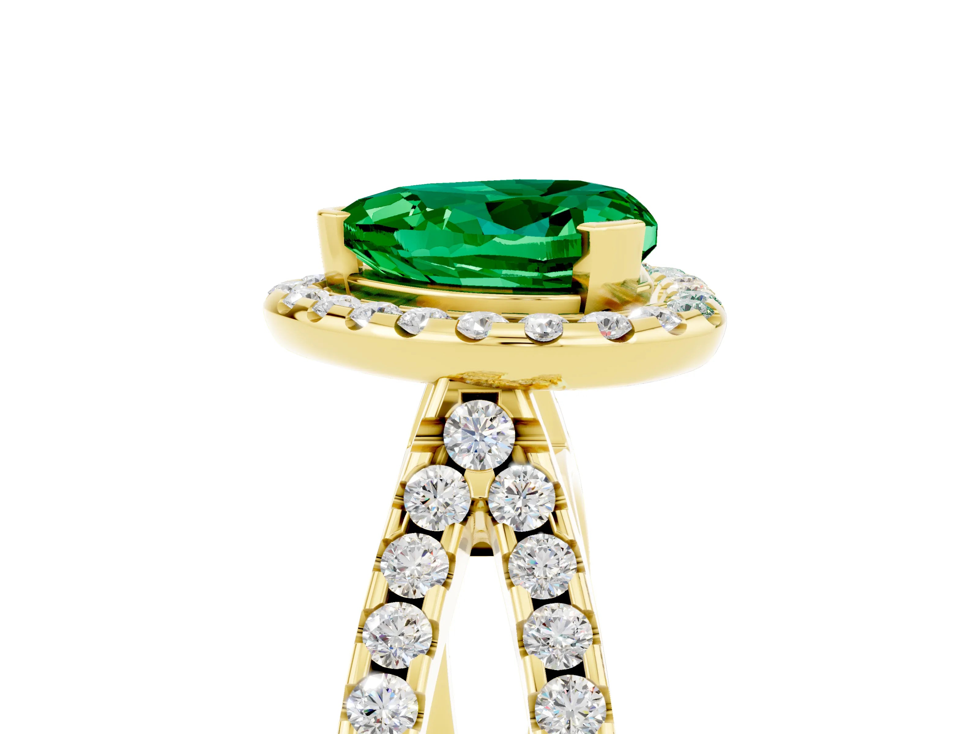 Yellow gold Heart Cut Emerald Halo Ring with Split Shank Pavé Band and Prong Setting_5