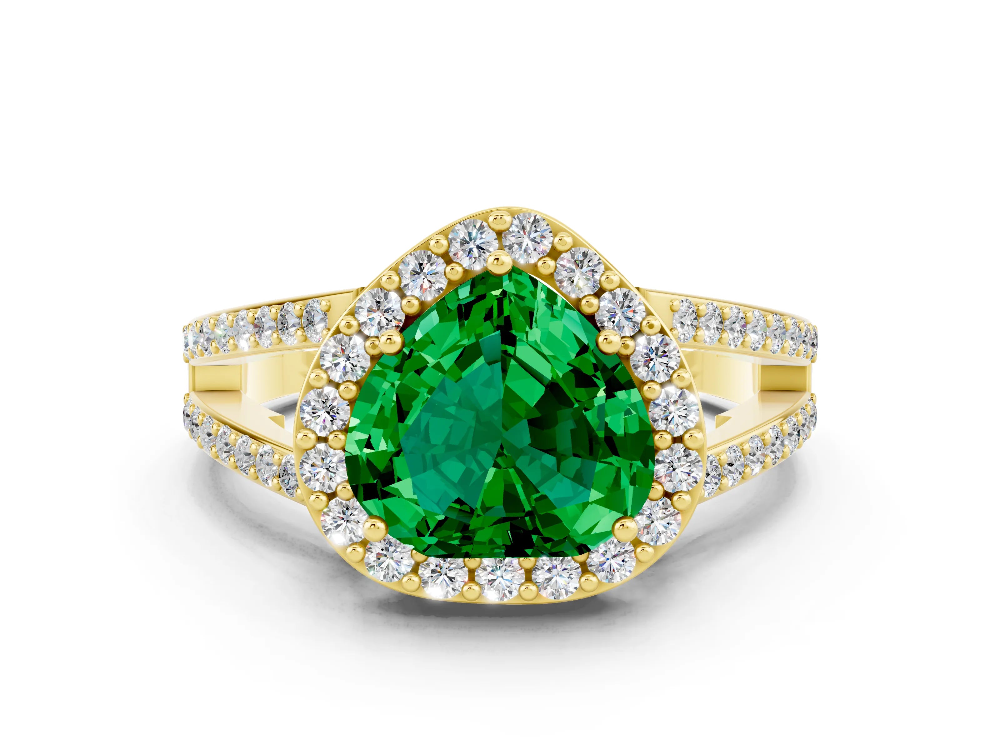 Yellow gold Heart Cut Emerald Halo Ring with Split Shank U-Prong Band and Four-Prong Setting