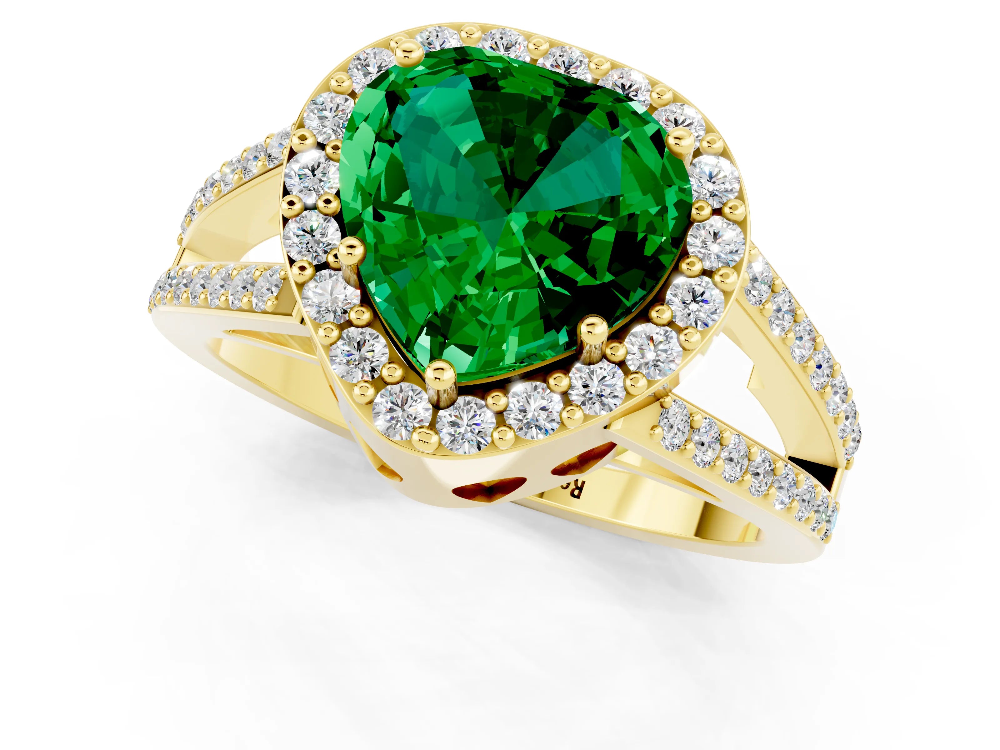 Yellow gold Heart Cut Emerald Halo Ring with Split Shank U-Prong Band and Four-Prong Setting_1