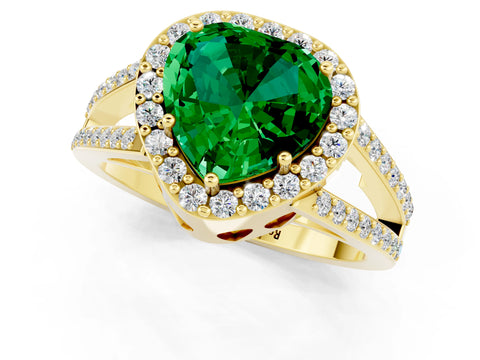 Yellow gold Heart Cut Emerald Halo Ring with Split Shank U-Prong Band and Four-Prong Setting_1