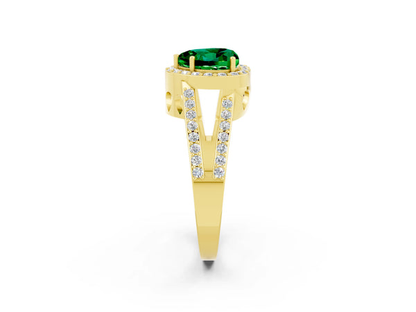 Yellow gold Heart Cut Emerald Halo Ring with Split Shank U-Prong Band and Four-Prong Setting
