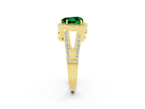 Yellow gold Heart Cut Emerald Halo Ring with Split Shank U-Prong Band and Four-Prong Setting_2