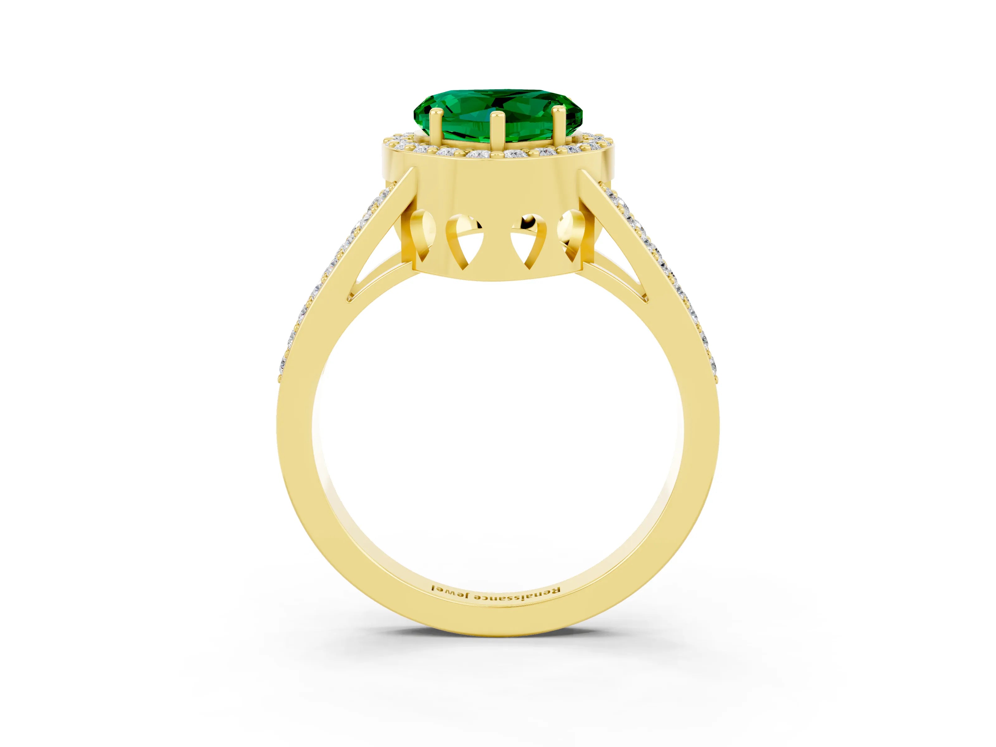 Yellow gold Heart Cut Emerald Halo Ring with Split Shank U-Prong Band and Four-Prong Setting_3