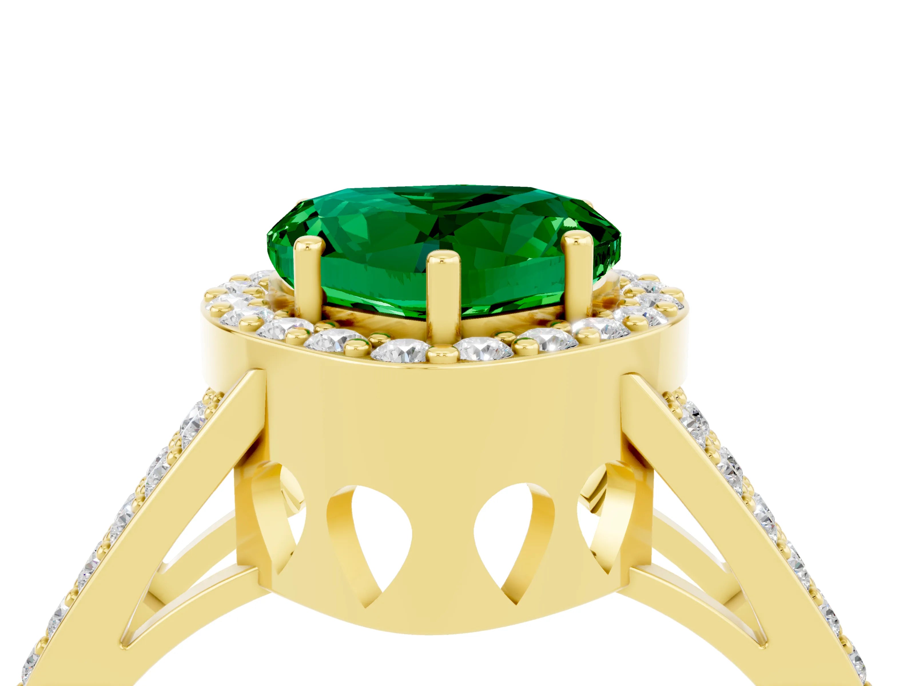 Yellow gold Heart Cut Emerald Halo Ring with Split Shank U-Prong Band and Four-Prong Setting_4
