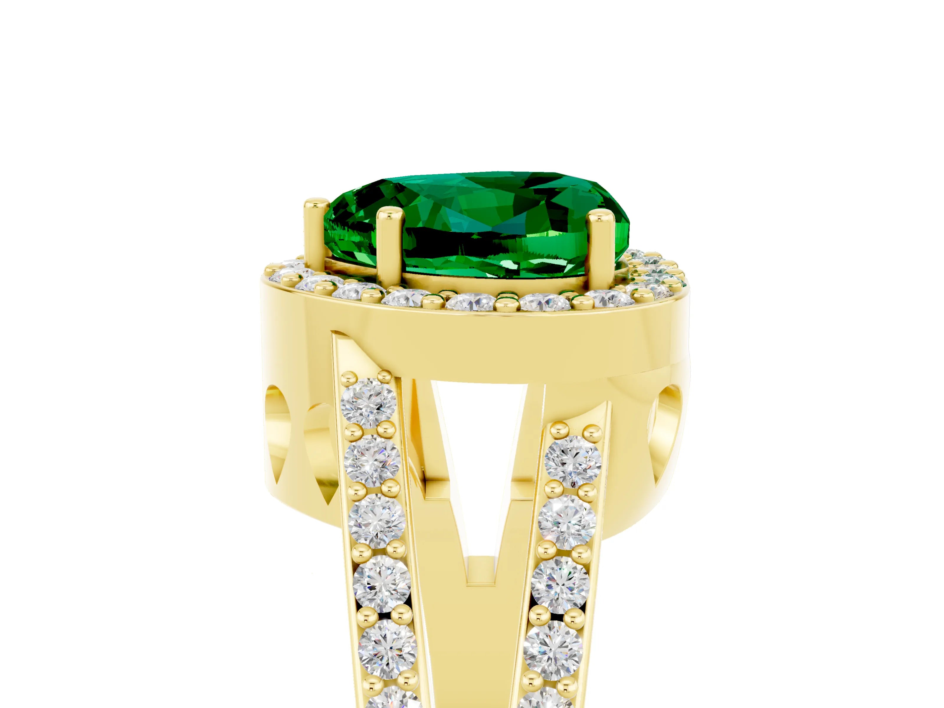 Yellow gold Heart Cut Emerald Halo Ring with Split Shank U-Prong Band and Four-Prong Setting_5